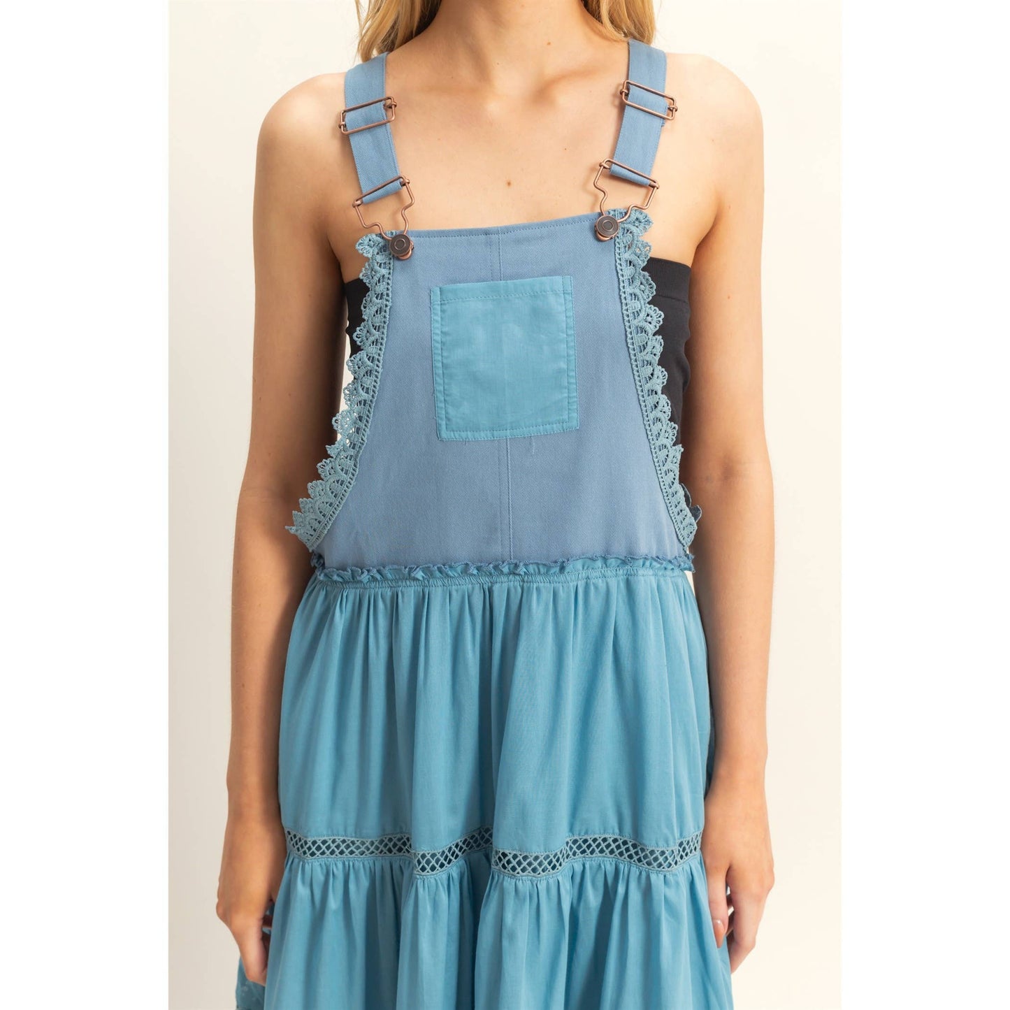 Mixed Media Tiered Overall Maxi Dress