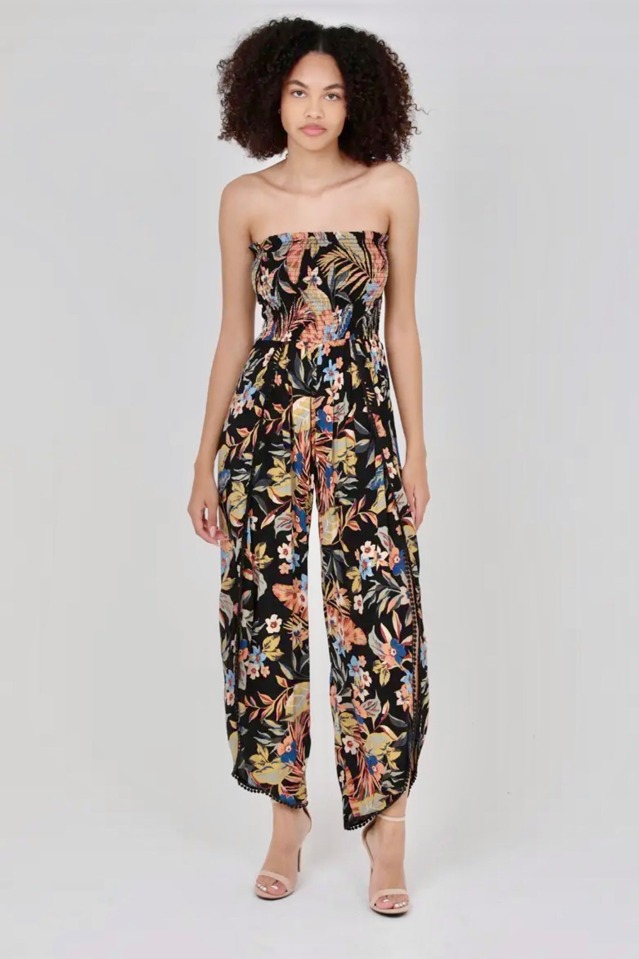 Smocked Bodice Strapless Slit Leg Jumpsuit