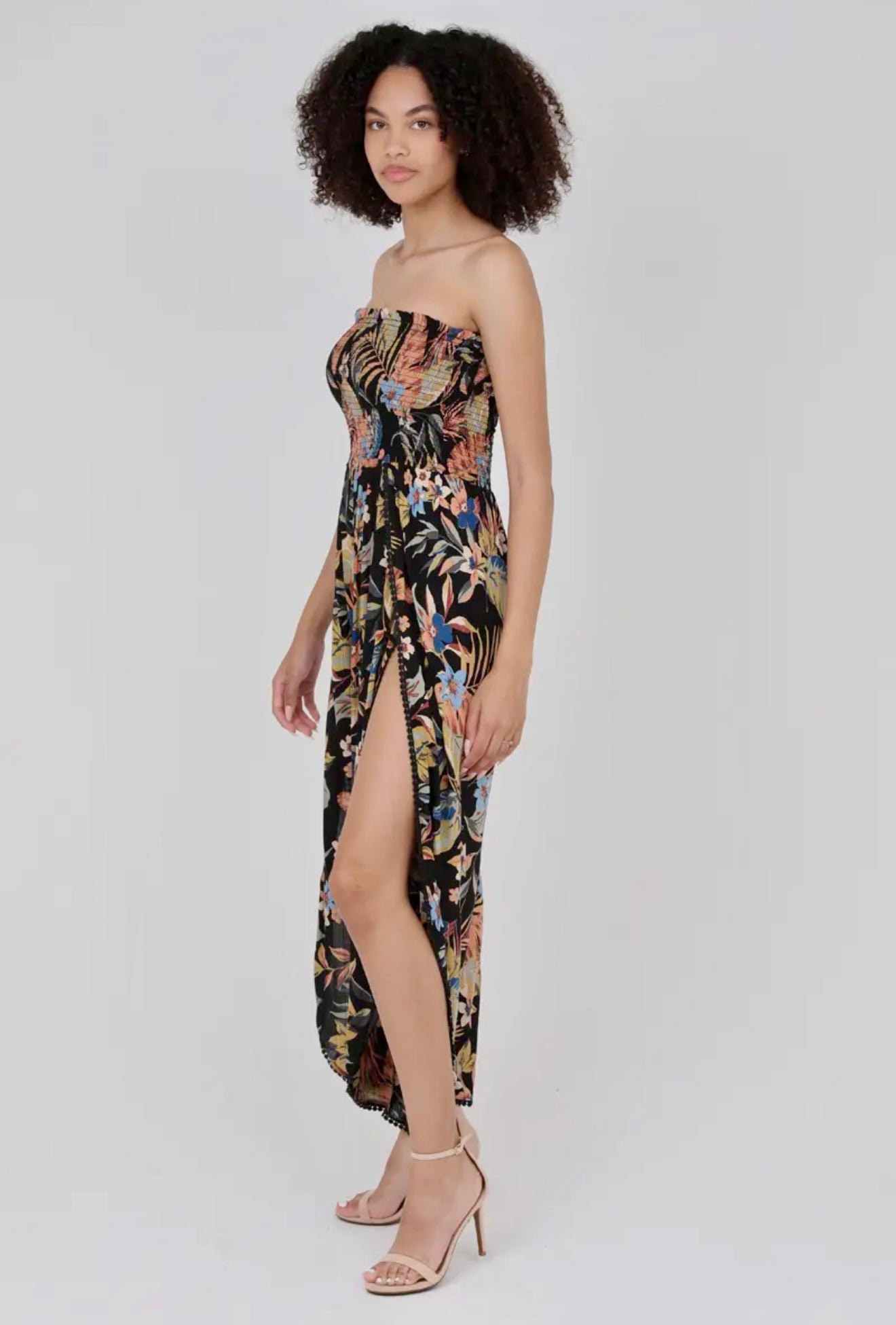 Smocked Bodice Strapless Slit Leg Jumpsuit