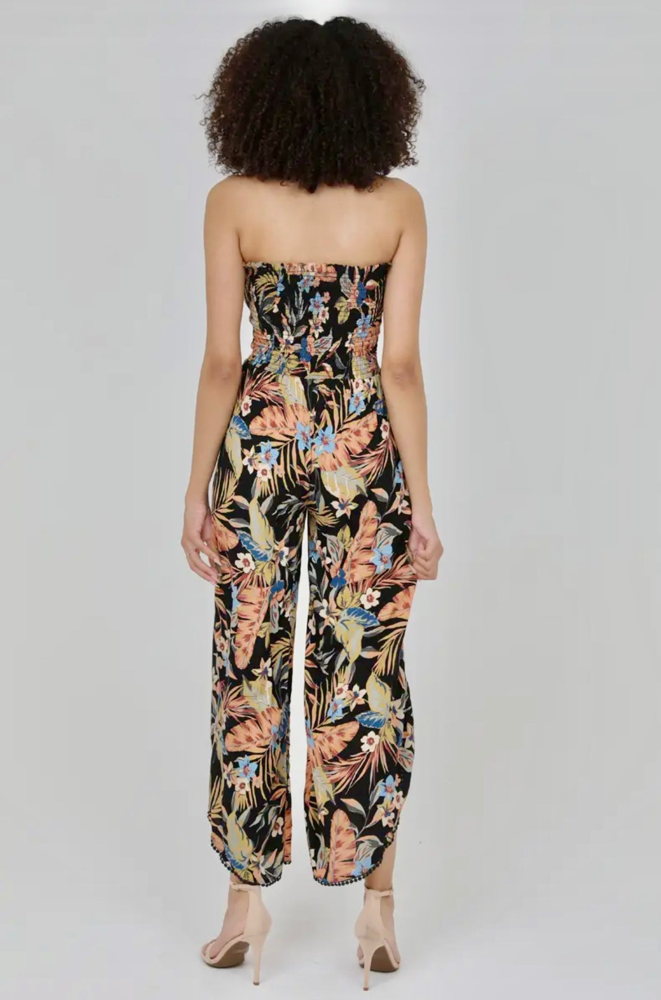 Smocked Bodice Strapless Slit Leg Jumpsuit