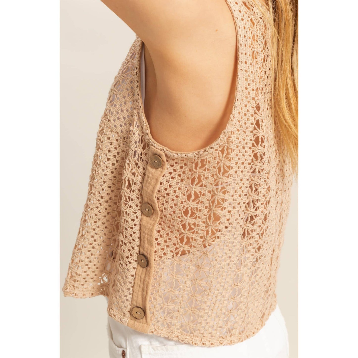 Sleeveless Crew Neck Crochet Top- Beige
