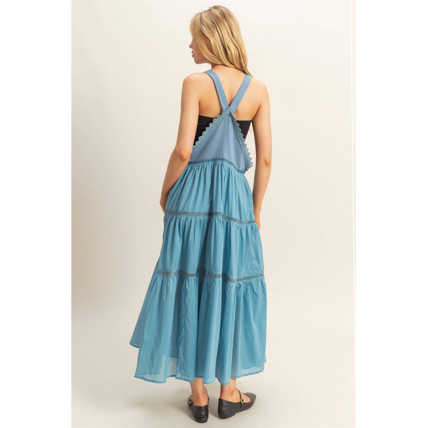 Mixed Media Tiered Overall Maxi Dress