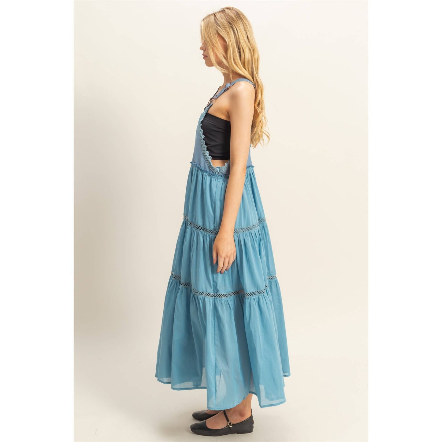 Mixed Media Tiered Overall Maxi Dress