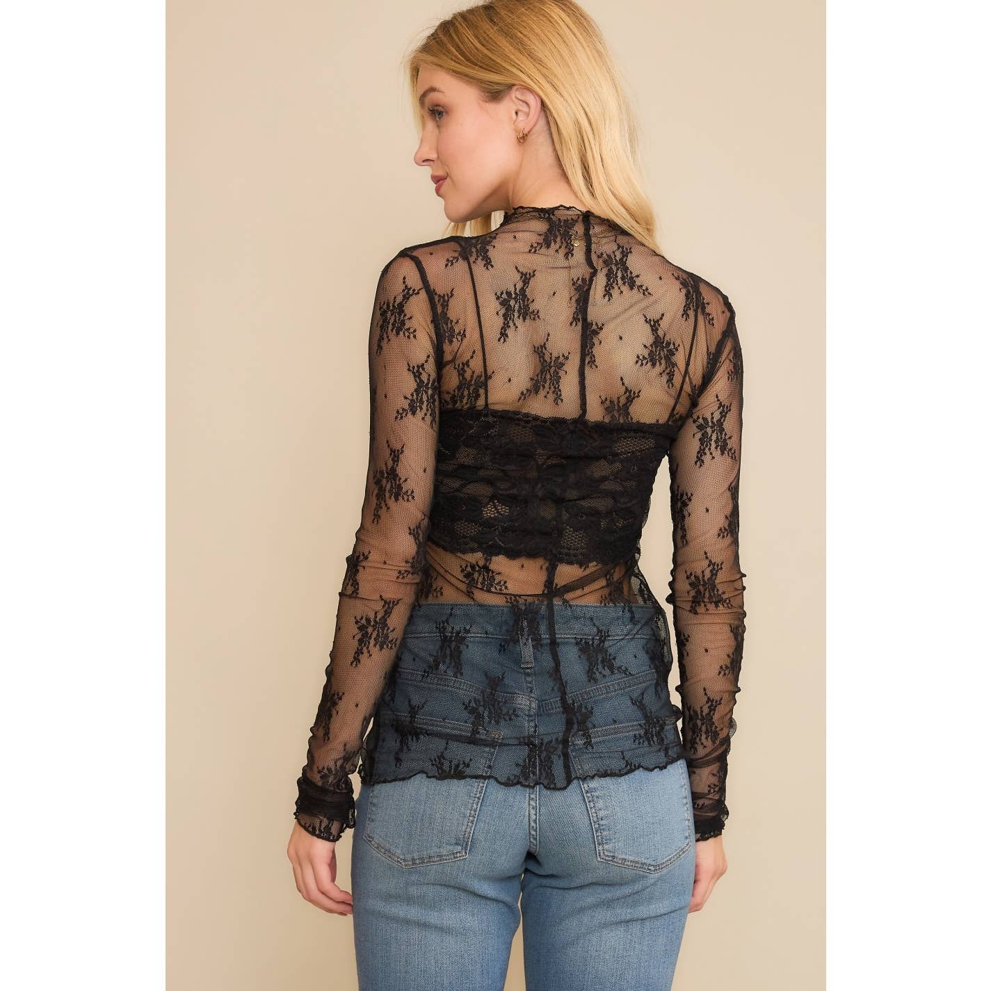 Lace Sheer Layering Top-Black