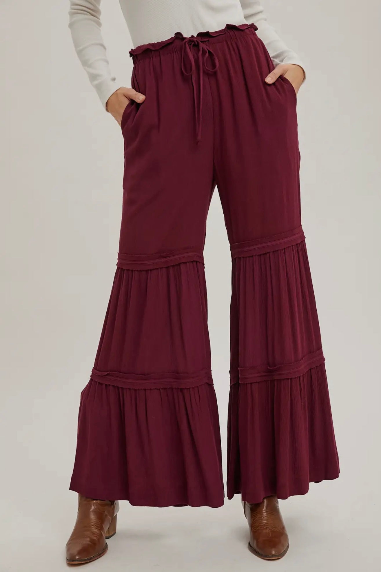 Drawstring Tiered Palazzo Pants