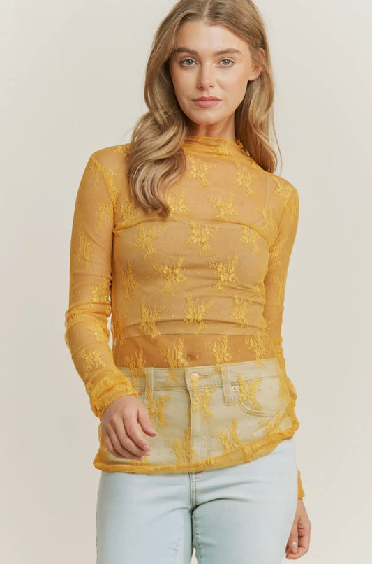 Lace Sheer Layering Top- Mustard