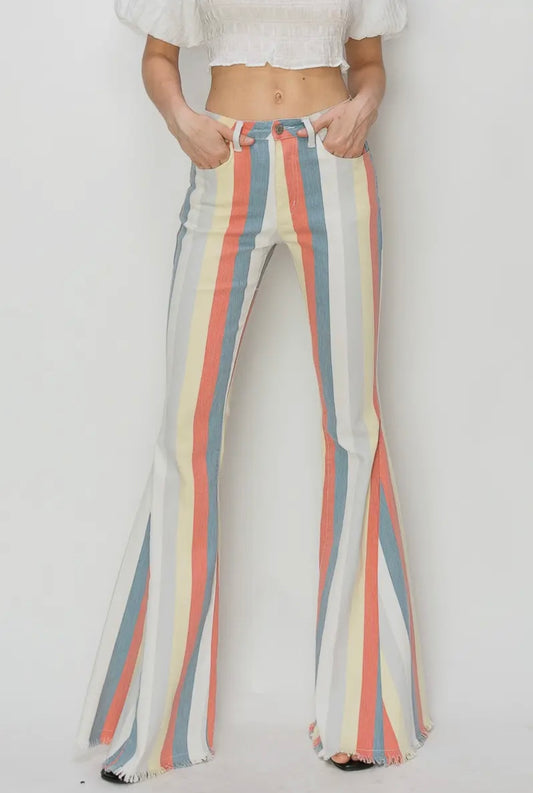 Multi Striped Bell Bottom Jeans