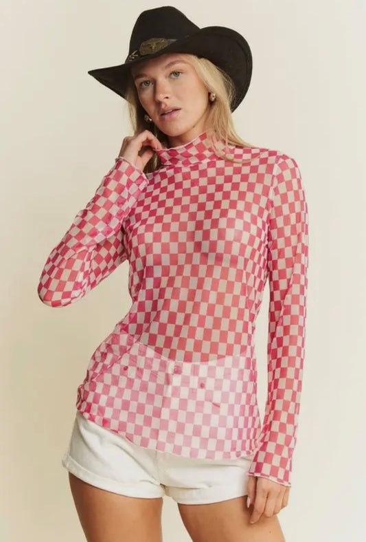 Checkered Print Mesh Top