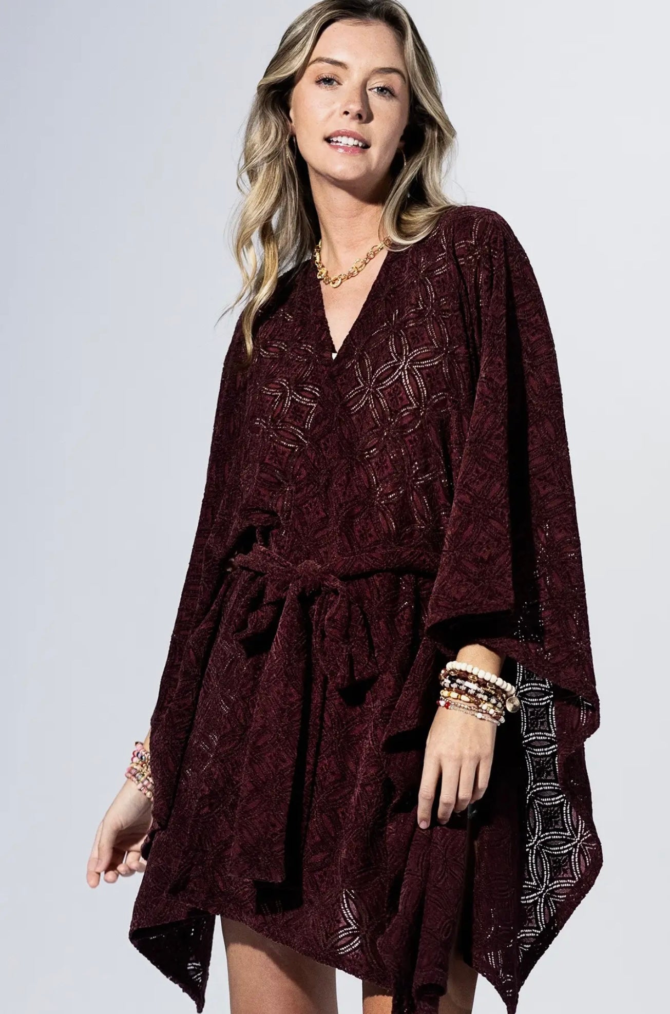Rouge Burnout Belted Kimono