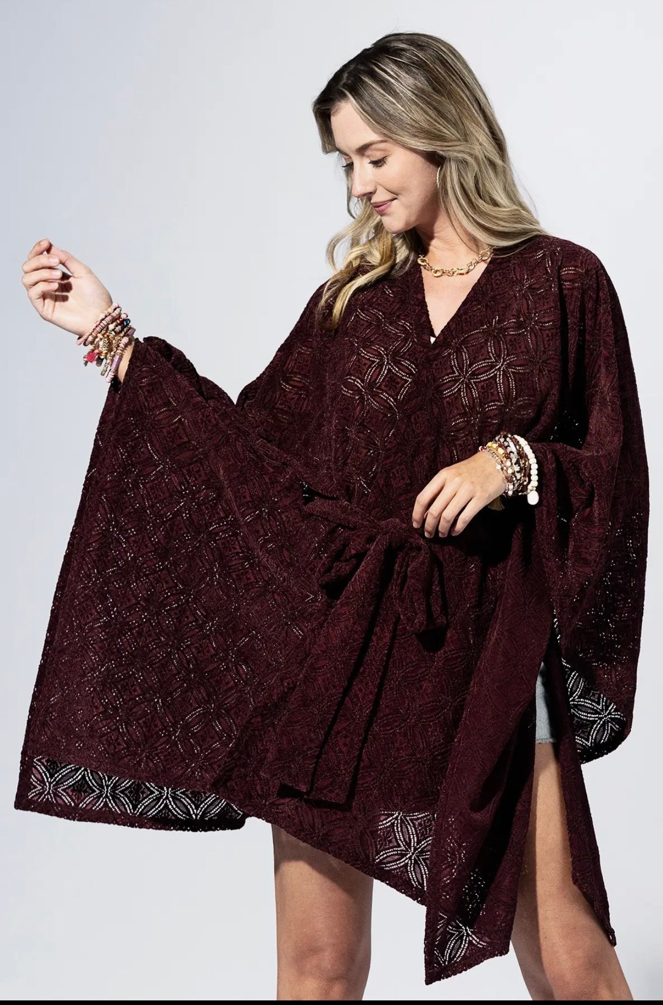 Rouge Burnout Belted Kimono
