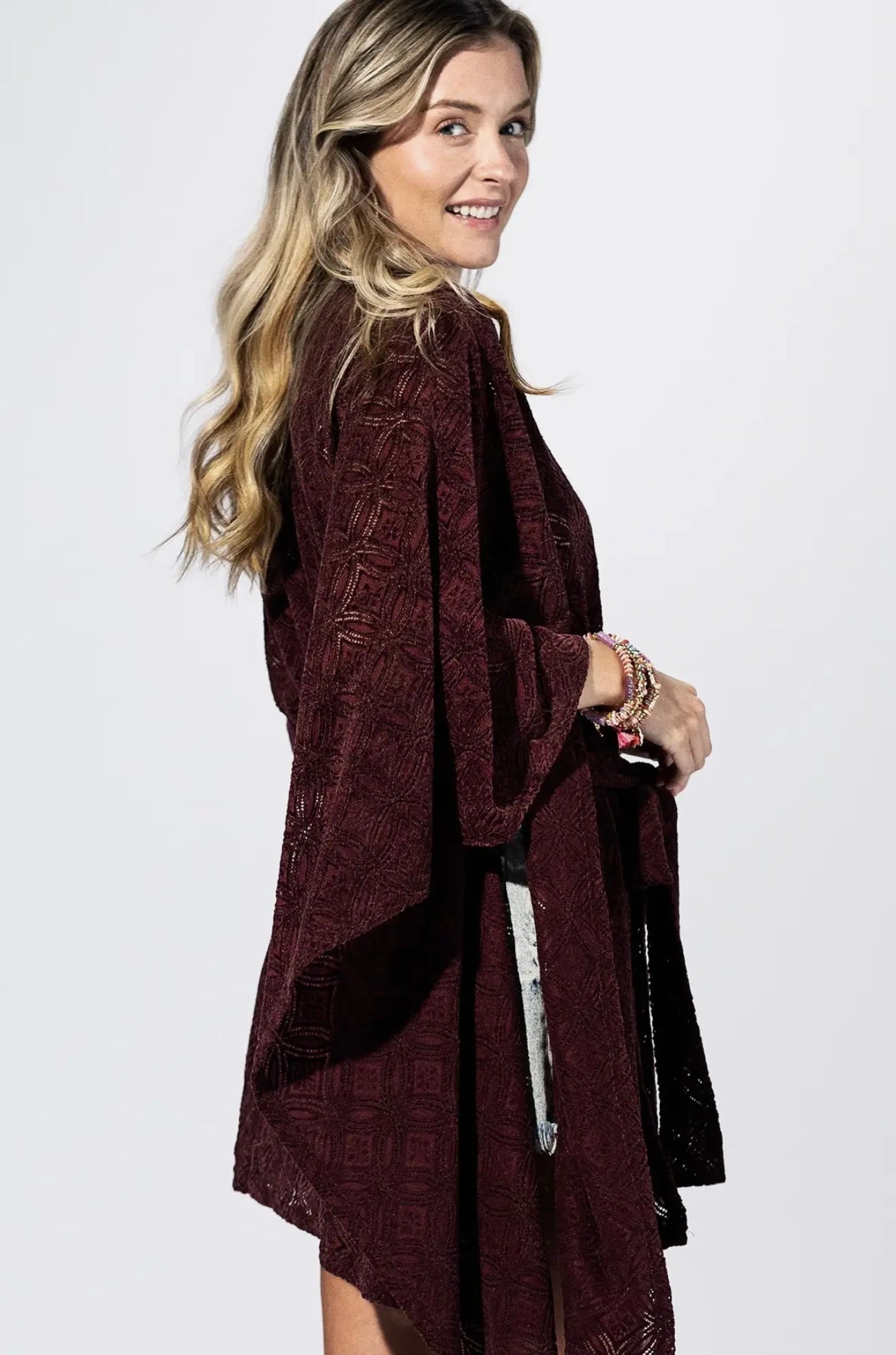 Rouge Burnout Belted Kimono