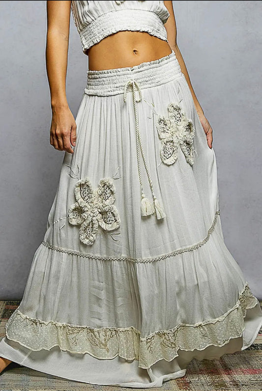 Smocked Waist Ruffle Embroidered Fringe Maxi Skirt