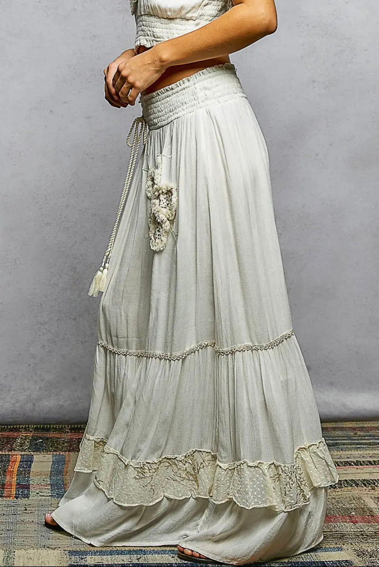 Smocked Waist Ruffle Embroidered Fringe Maxi Skirt