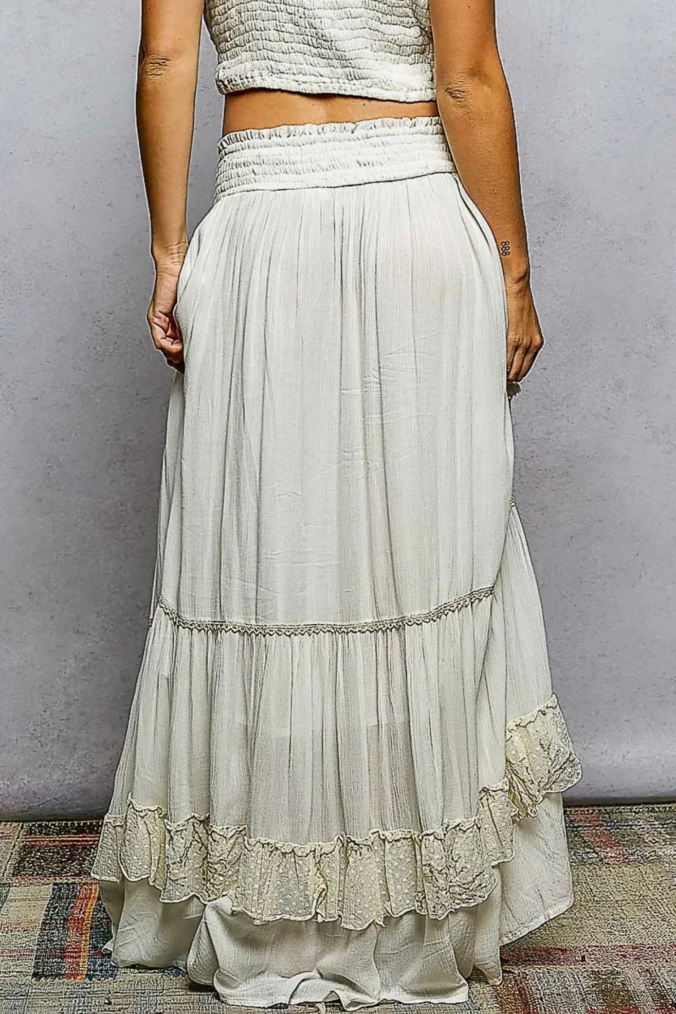 Smocked Waist Ruffle Embroidered Fringe Maxi Skirt