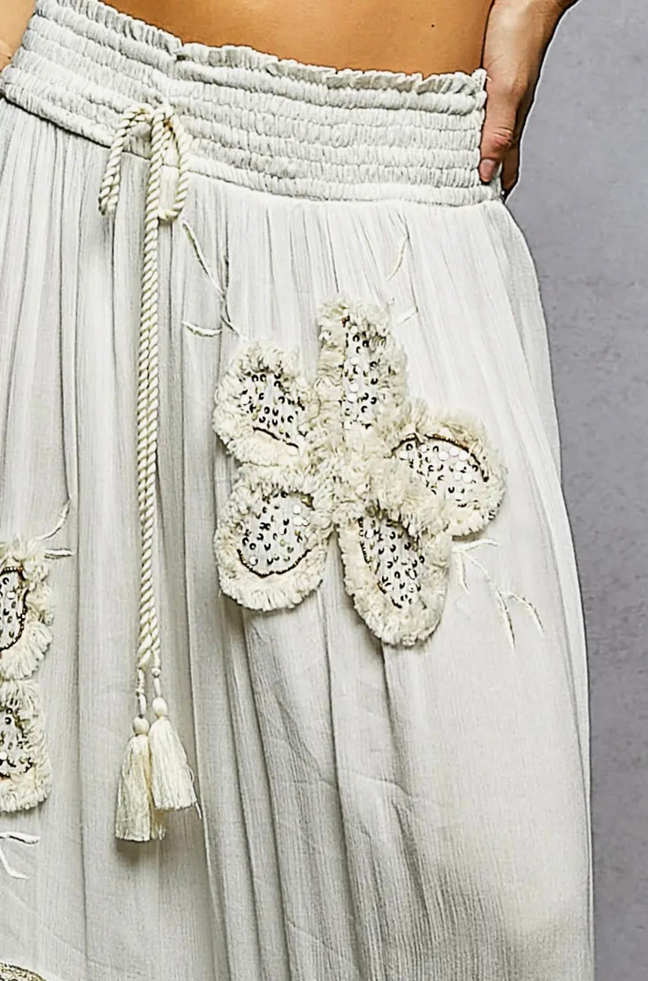 Smocked Waist Ruffle Embroidered Fringe Maxi Skirt
