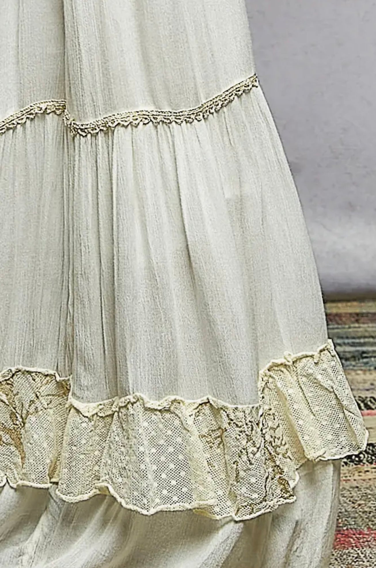 Smocked Waist Ruffle Embroidered Fringe Maxi Skirt