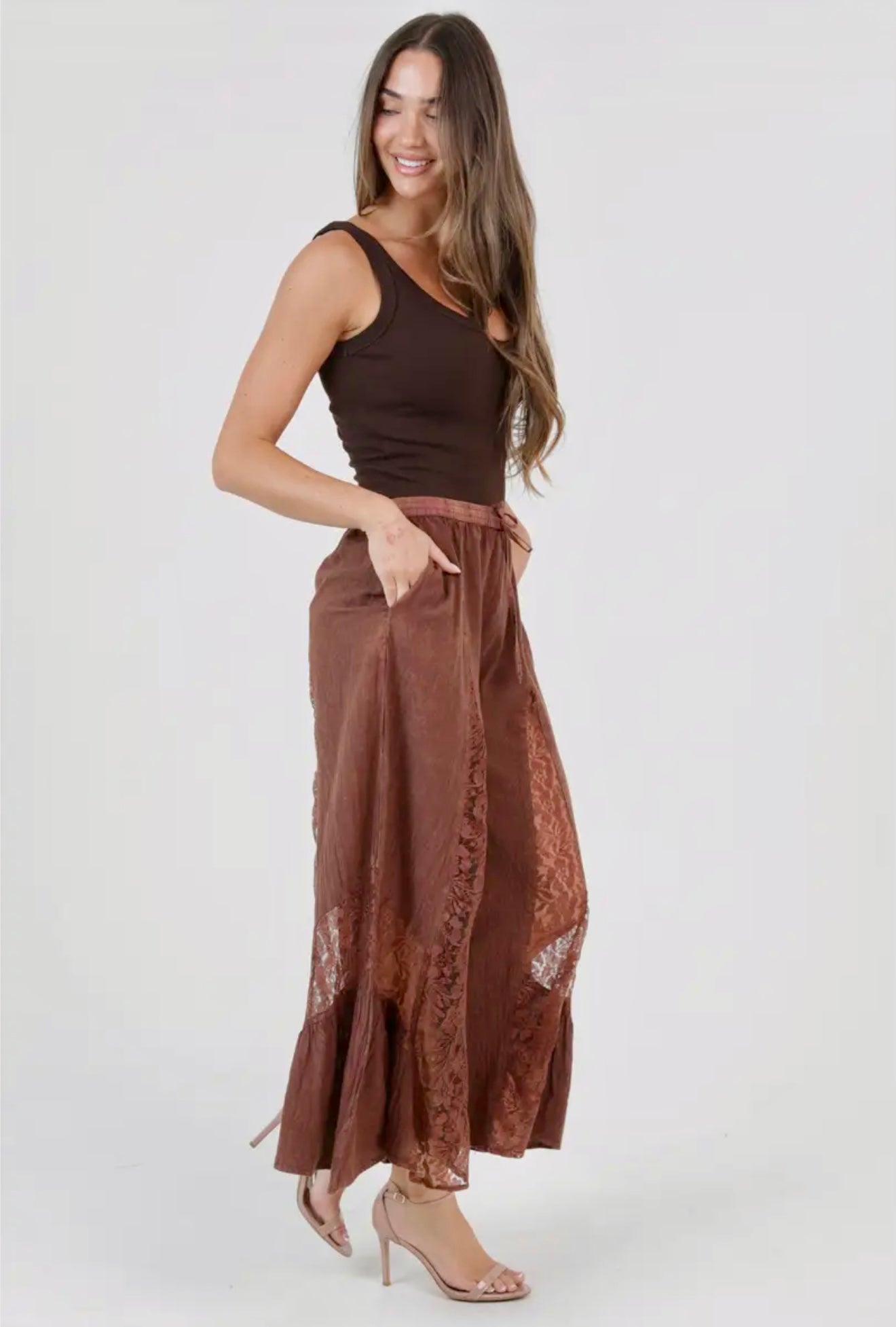 Lace Panel Wide Leg Pants
