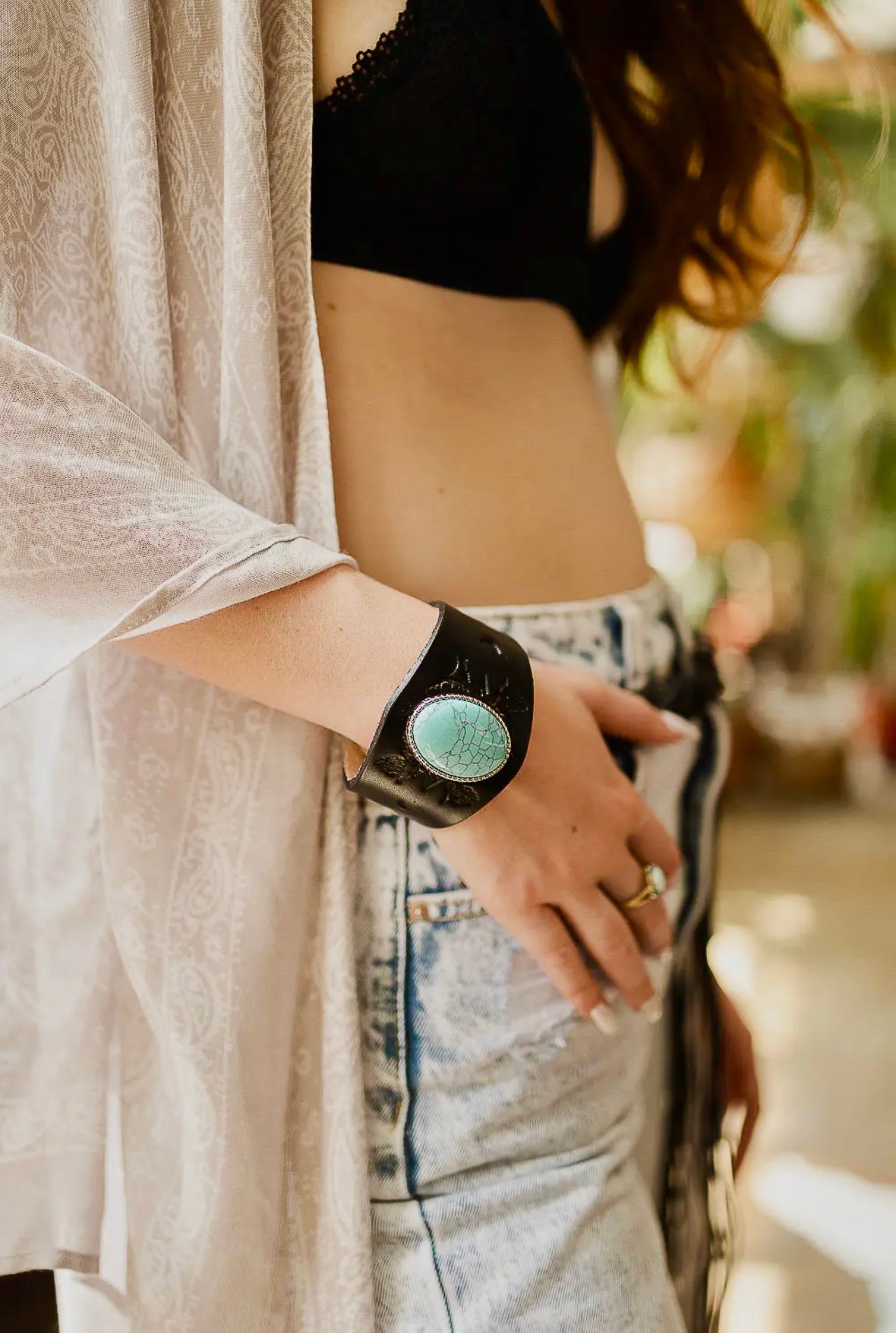 Boho Turquoise Stone Black Leather Cuff Bracelet