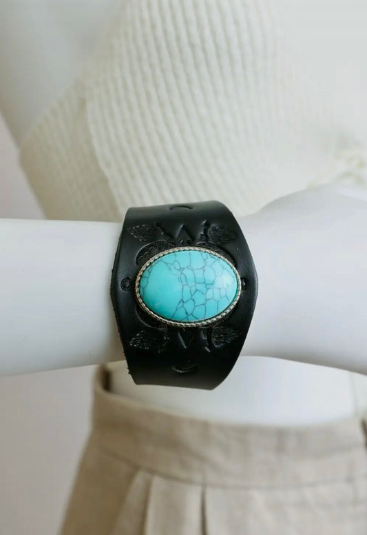 Boho Turquoise Stone Black Leather Cuff Bracelet