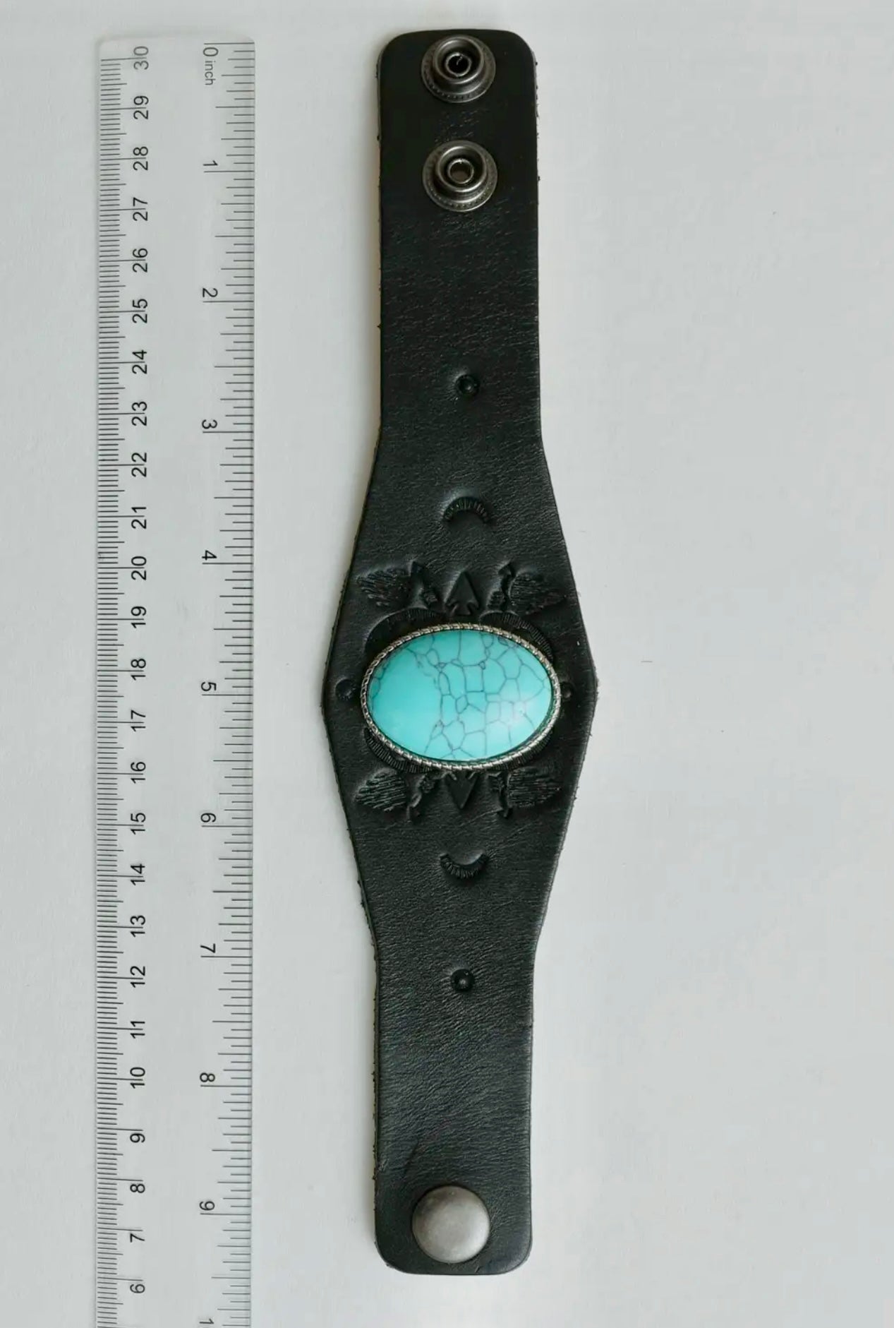 Boho Turquoise Stone Black Leather Cuff Bracelet
