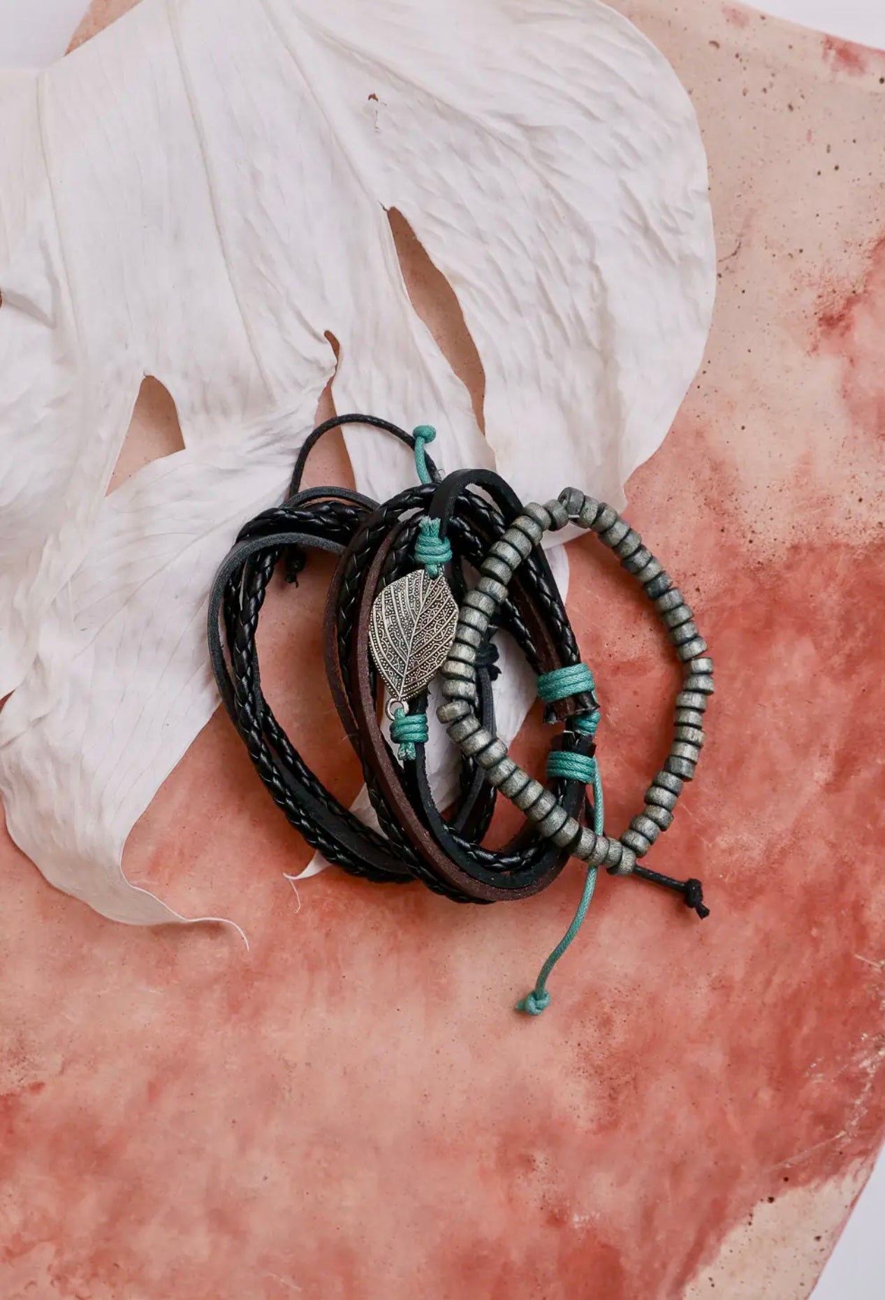 Multi-Wrap Leather Braid Bead Bracelet Set