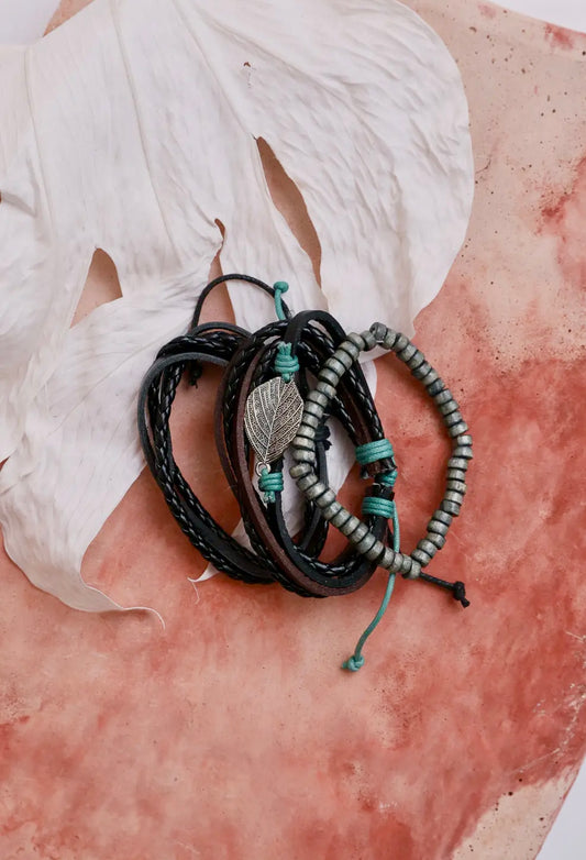 Multi-Wrap Leather Braid Bead Bracelet Set