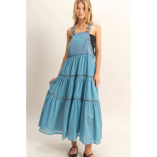 Mixed Media Tiered Overall Maxi Dress