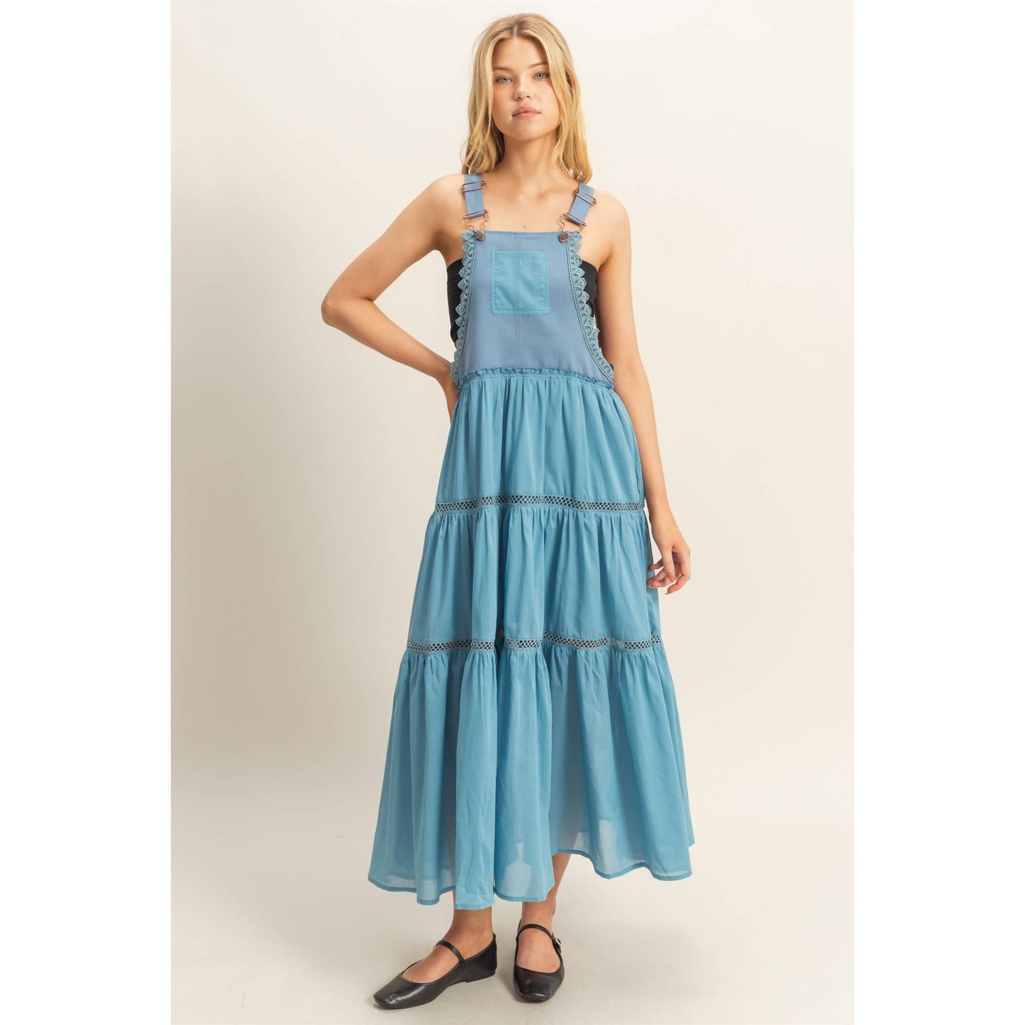 Mixed Media Tiered Overall Maxi Dress