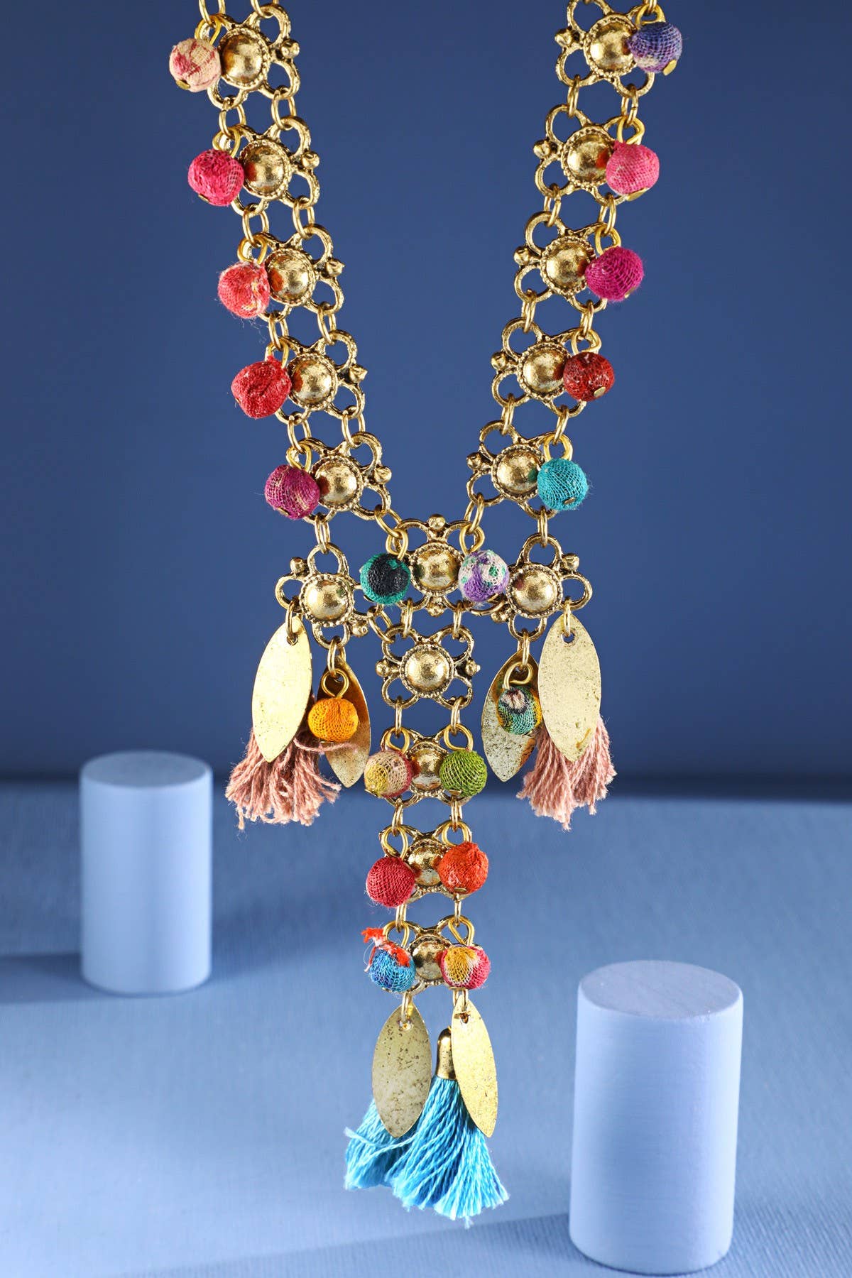 Handmade Upcycled Fabric Beaded Tassel Necklace
